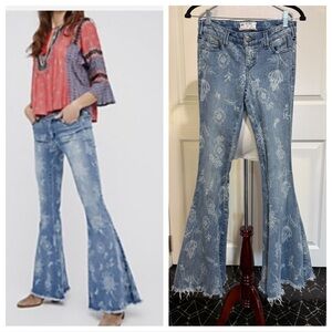 Free People Floral Printed Denim Super Flare Bell Bottom Jeans